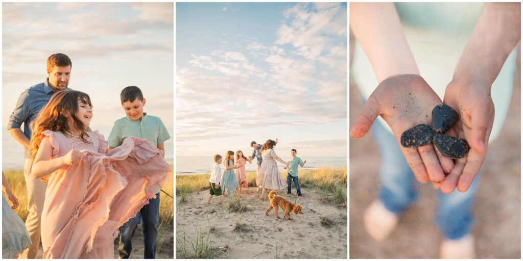 Header image for indiana dunes family photos blog post. 3 images. From left to right: young girl dancing in a pink dress, a family dancing together on the beach with a golden sunset in the background, boy holding 3 smooth black stones