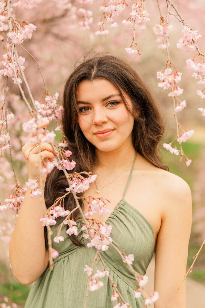 High school senior under spring cherry blossoms in Carmel, Indiana
